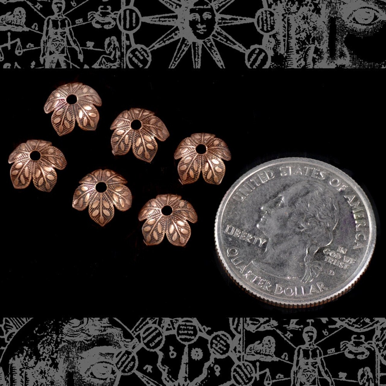 Antiqued Copper Plated Brass 8mm Floral Five Leaf Leafy Brass Bead Caps - Set of 12 - C-BC10